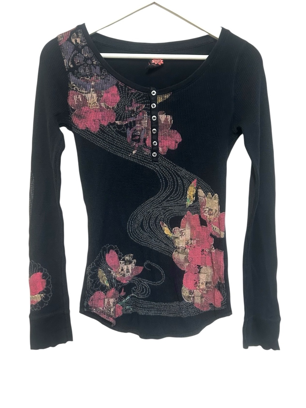 Y2K Lucky brand S waffle thermal Henley Asian floral art print boho vintage